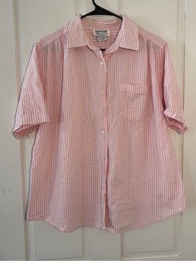 VTG Mainstreet Blues Pink Stripe Seersucker Lightweight Crinkle Button-Up Shirt